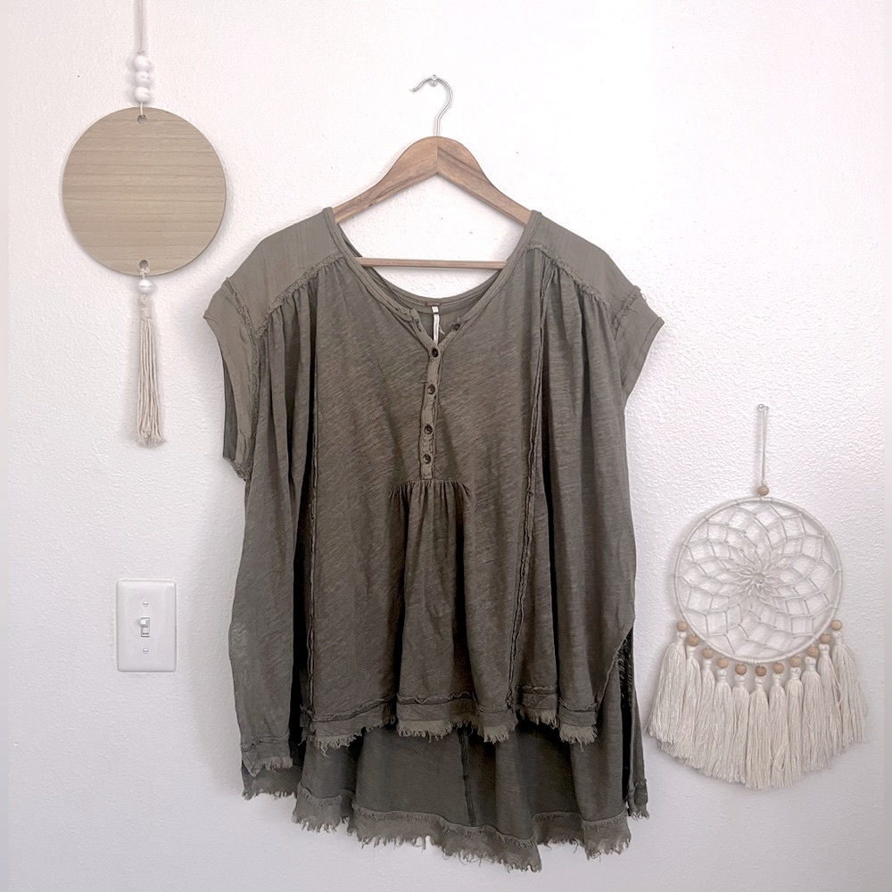 Free People Green Cap Sleeve Polo Blouse